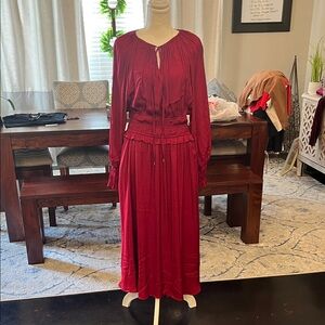 Tahari Burgundy Long Sleeve Maxi Dress with Smocked Waist